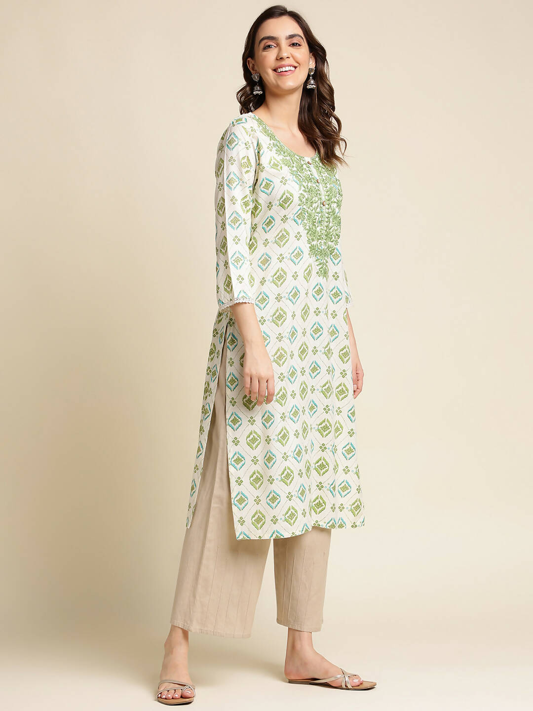 Green Poly Rayon Aztec Printed Straight Fit Kurta - Prasuti