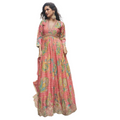 Vegaa Fashion Peach Chinon Silk Embroidered Digital Print Festive Look Gown With Dupatta