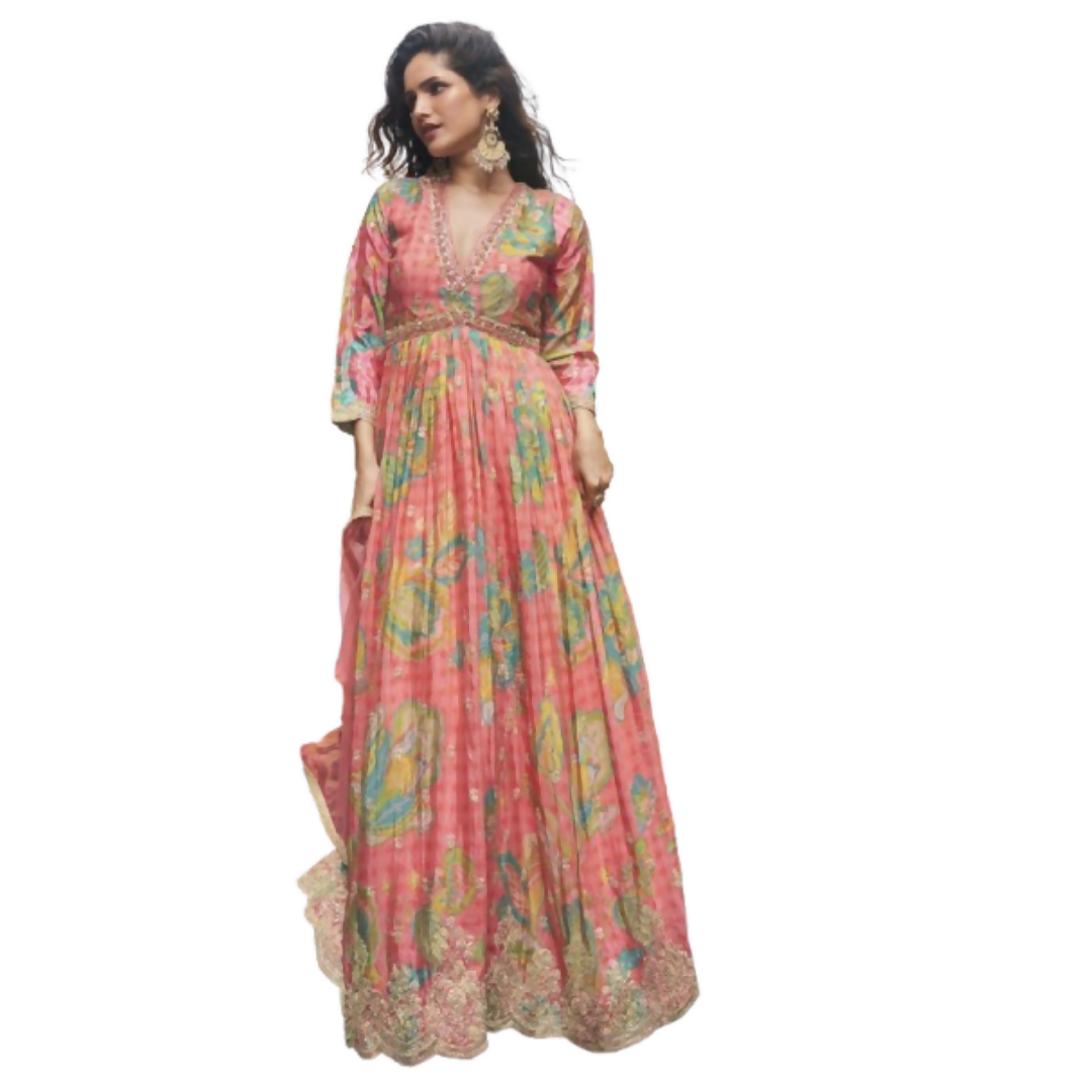 Vegaa Fashion Peach Chinon Silk Embroidered Digital Print Festive Look Gown With Dupatta