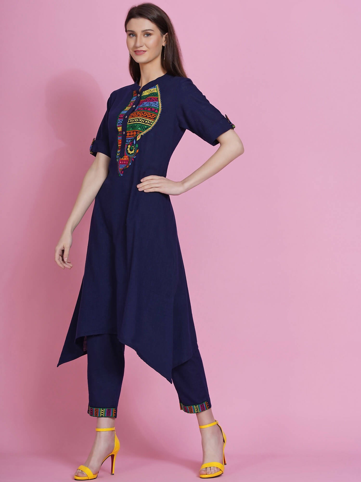 Women Republic Navy Blue Cotton Embroidered Kurta With Pants