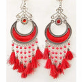 MS Fashion India Fancy Half Moon Red Color Beautiful Glass Pearls And Silk Thread Enamel Earrings