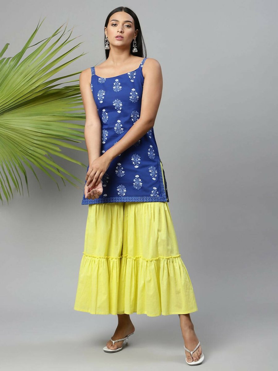 Ahalyaa Womens Royal Blue Pure Cotton Printed Tunic Sharara Set