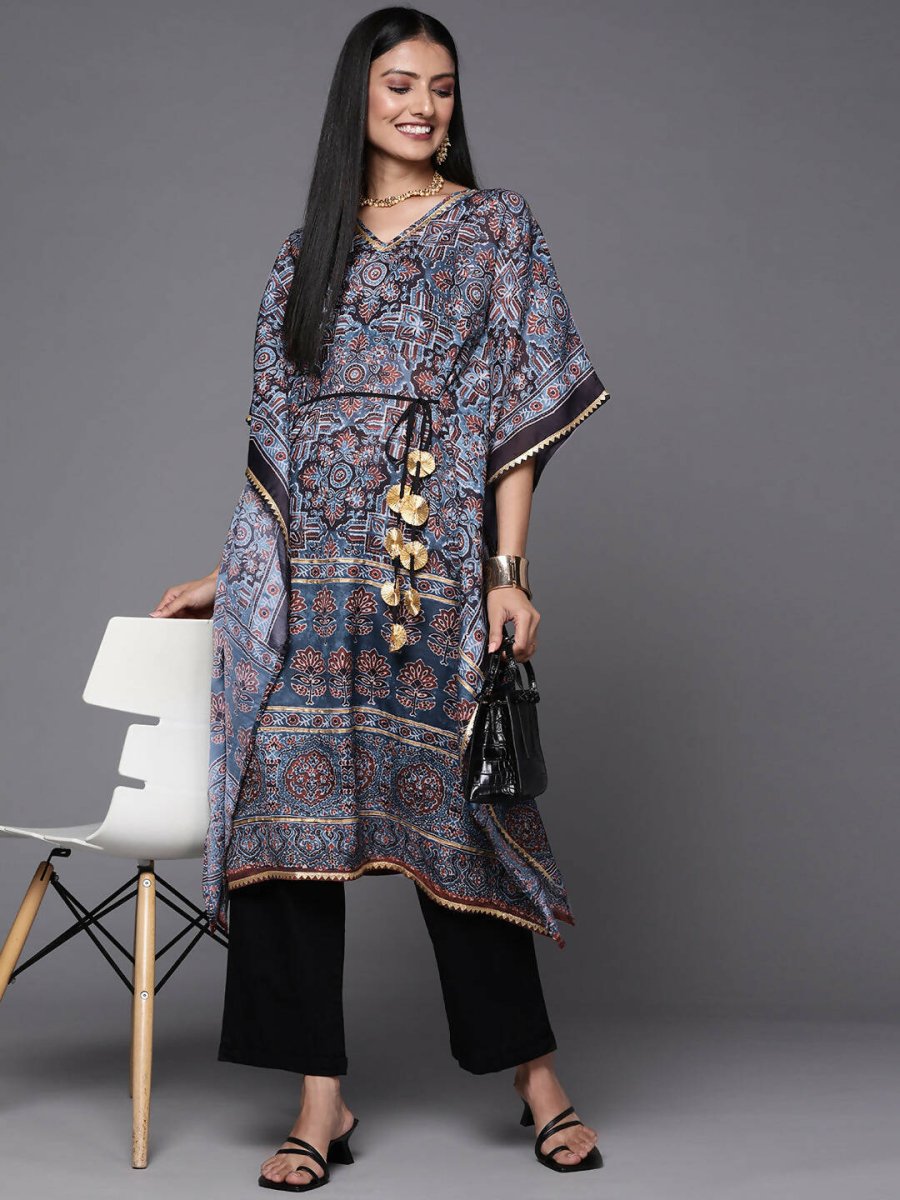 Ahalyaa Navy Blue & Maroon Floral Print Kaftan Kurta