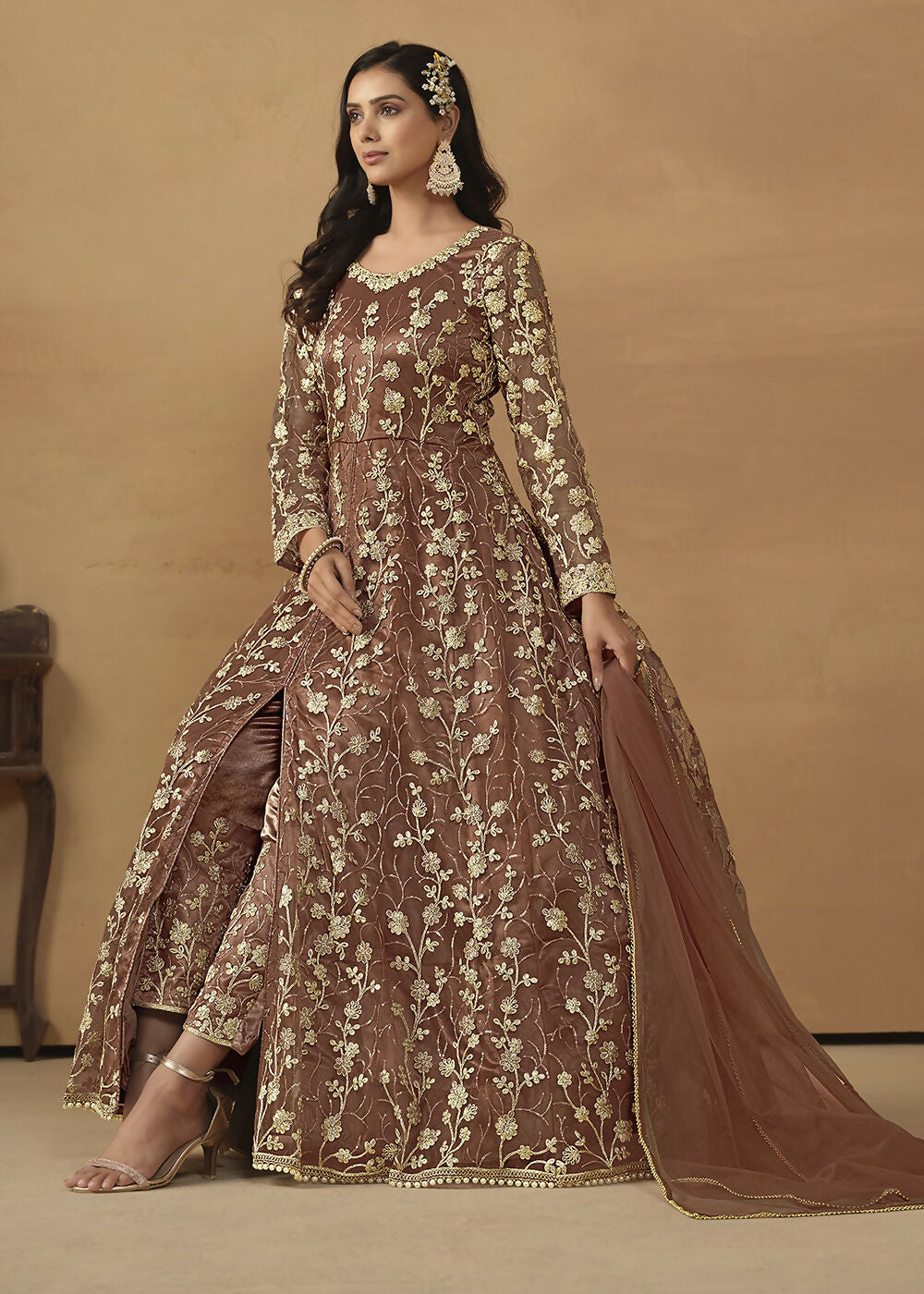 Pant Style Snuff Brown Embroidered Net Wedding Anarkali Suit - Emponline