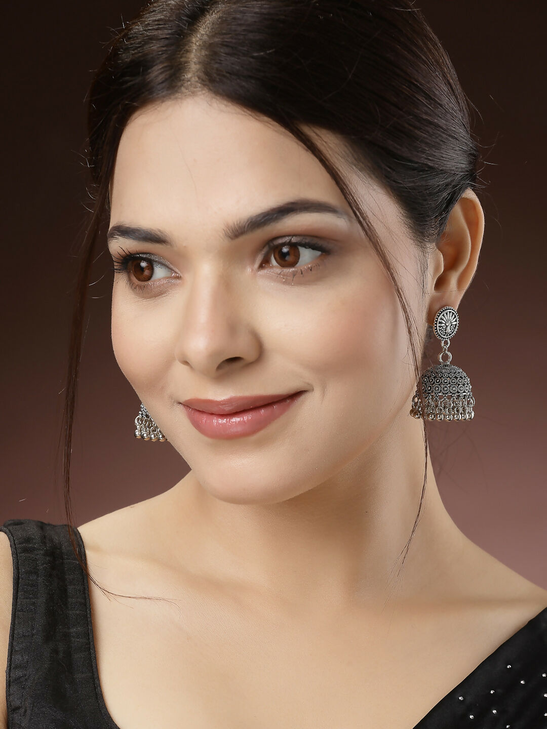 NVR Women's Set of 3 Silver-Toned German Silver Oxidised Dome Shaped Jhumka Earrings