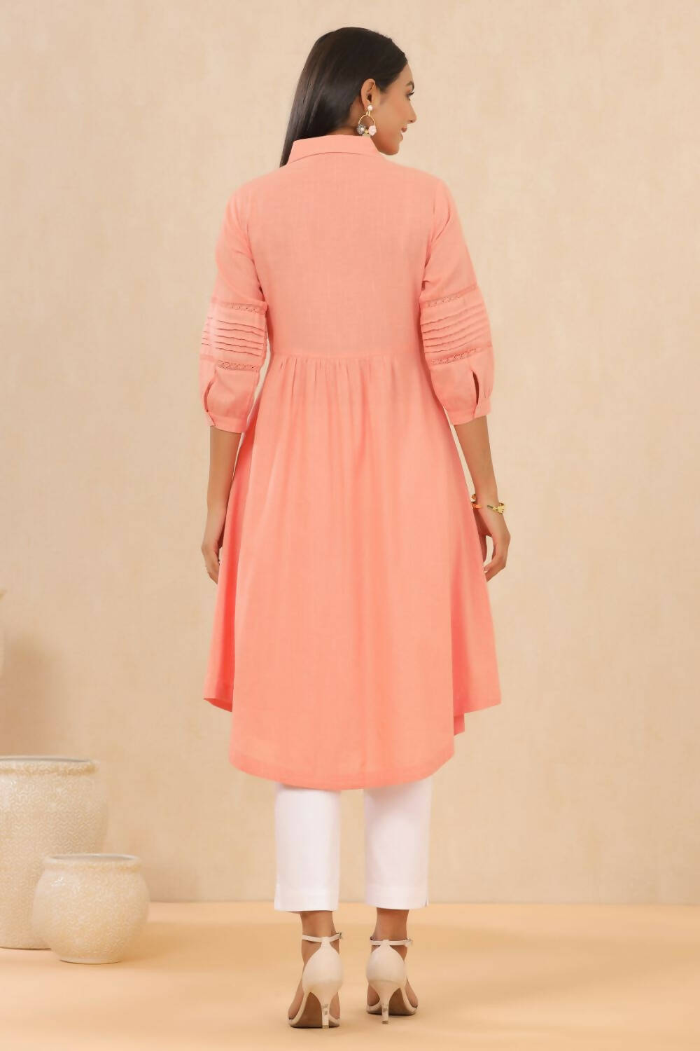 Juniper Womens Blush Pink Cotton Slub Solid Mid Length Shirt Dress With Lace Detailing