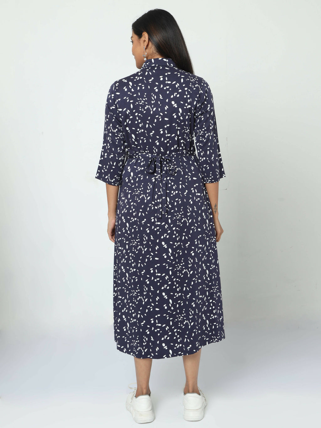 Manet Three Fourth Maternity Dress White Dot Print With Concealed Zipper Nursing Access - Navy Blue