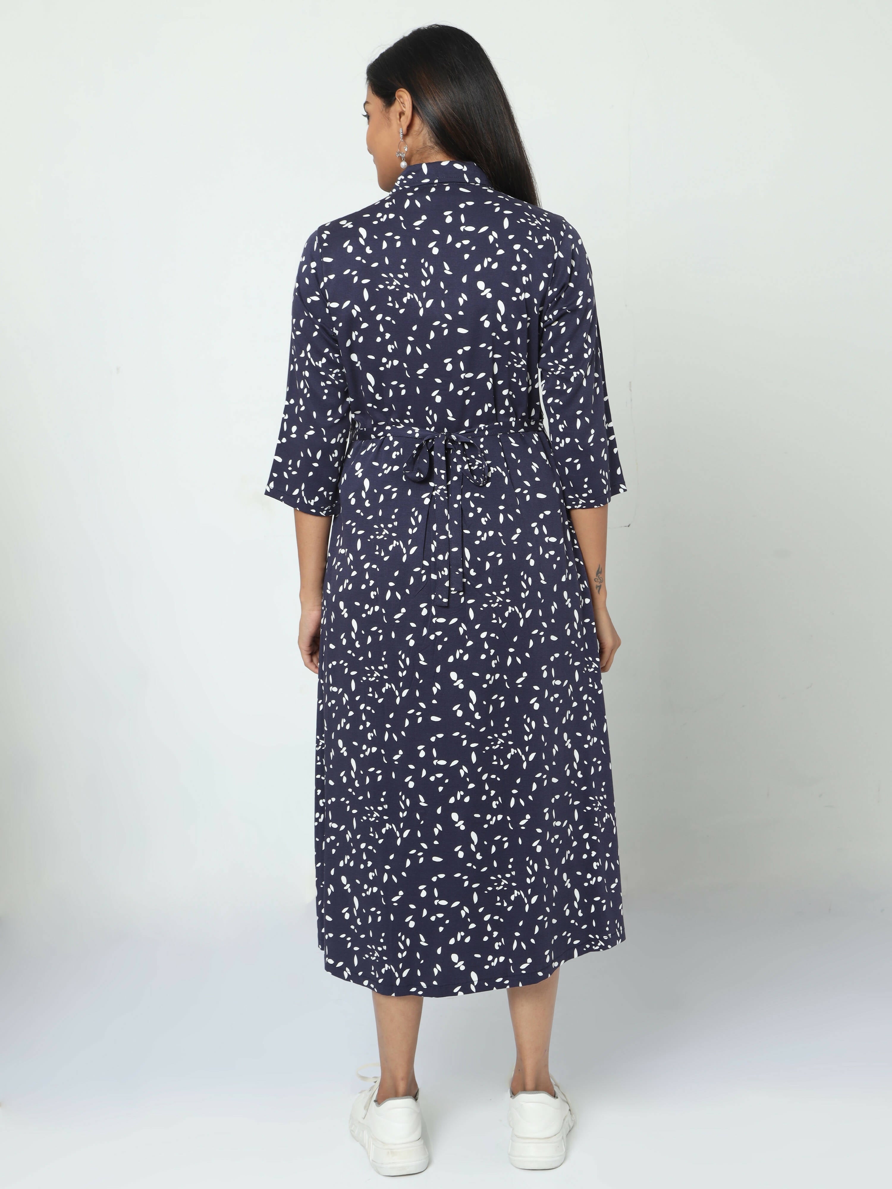 Manet Three Fourth Maternity Dress White Dot Print With Concealed Zipper Nursing Access - Navy Blue