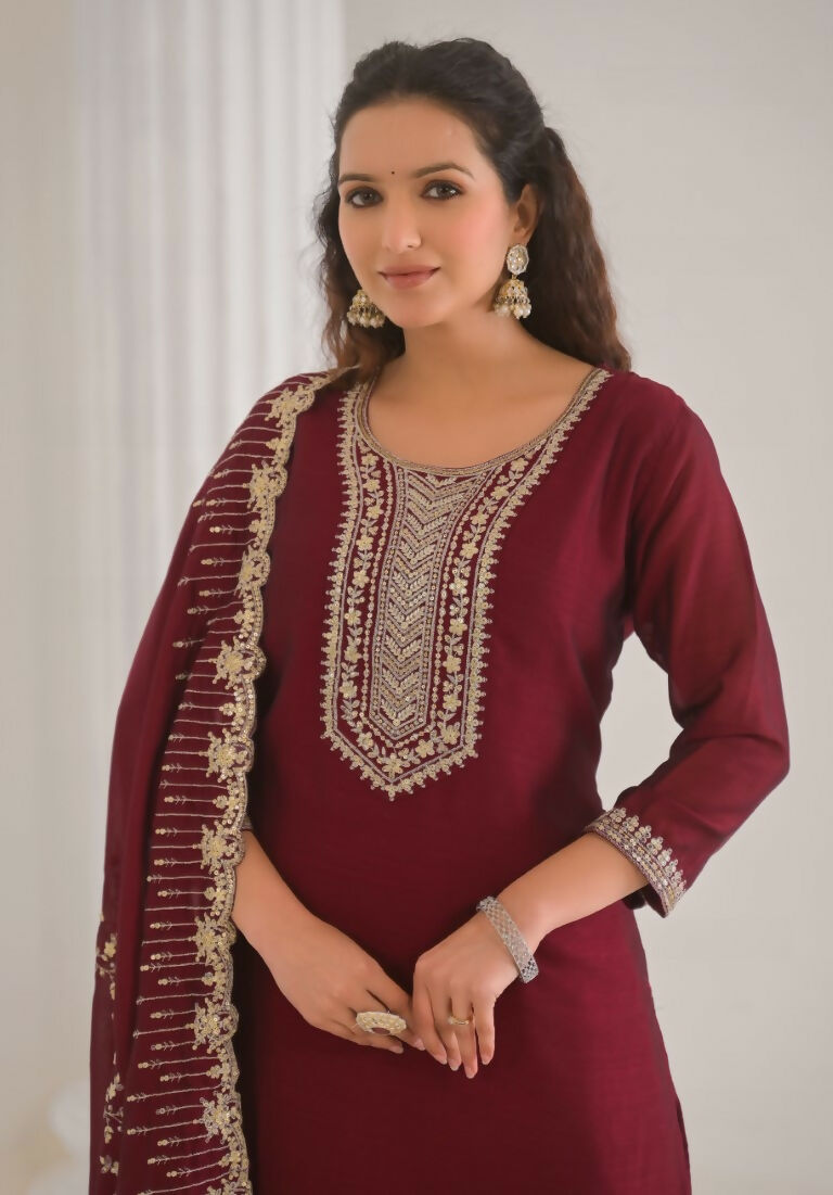 Ethnic Festive Wear Vichitra Silk Wine Stitched Suit With Dupatta - Tanisha