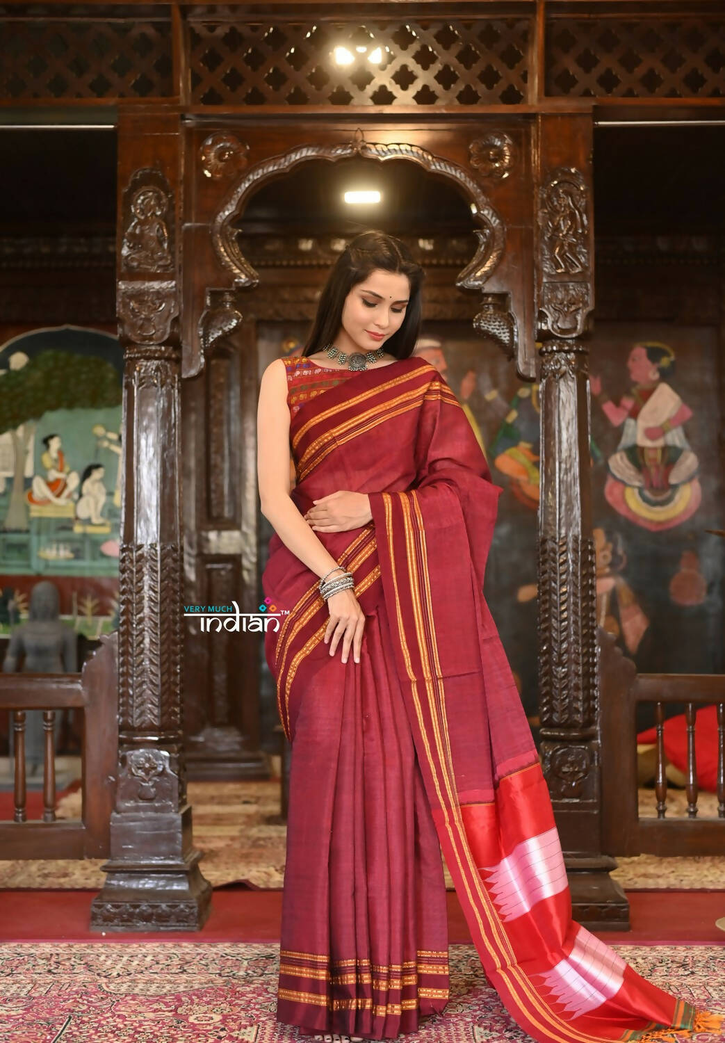 Very Much Indian Handloom Cotton Viscose Ilkal Saree Bright Maroon With Red Border