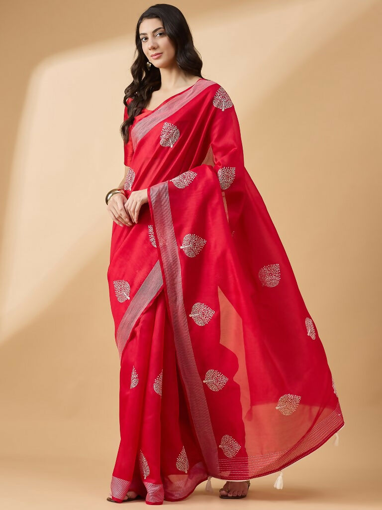 Red Cotton Blend Thread Embroidered Saree with Unstitched Blouse - Satya