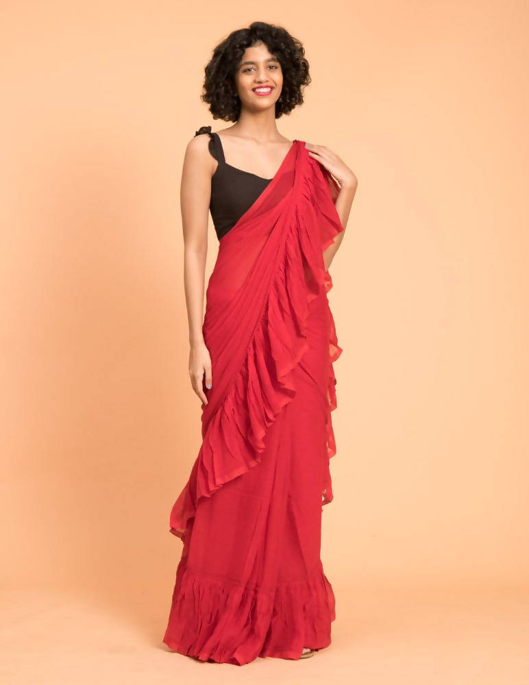 Suta Red Pure Cotton Solid Ruffle Saree