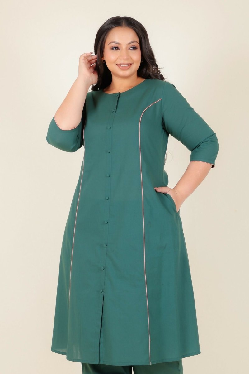 Aramya Green Soft Cotton Solid A-line Kurta for Women