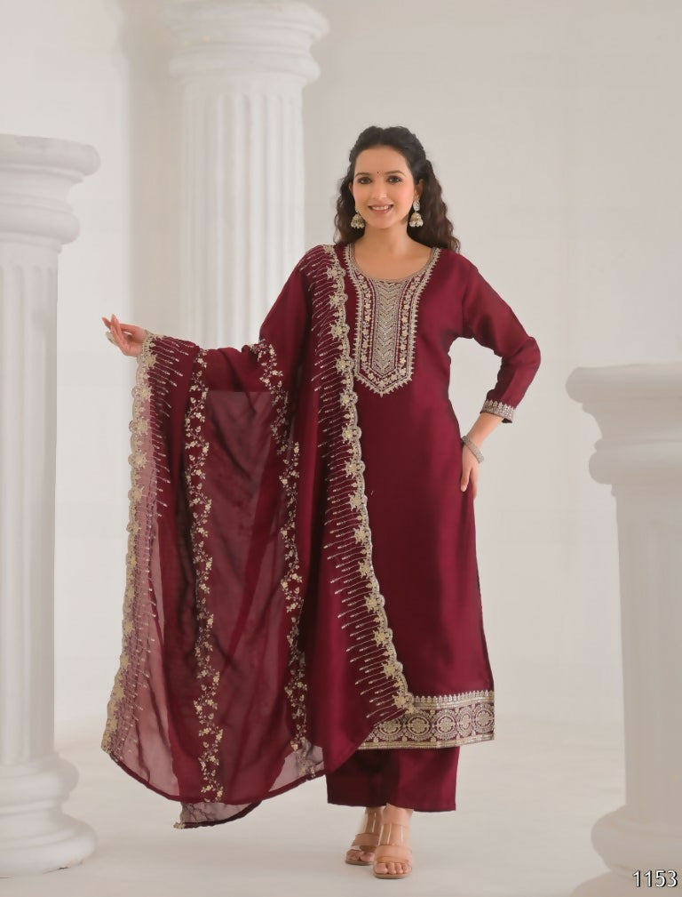 Ethnic Festive Wear Vichitra Silk Wine Stitched Suit With Dupatta - Tanisha
