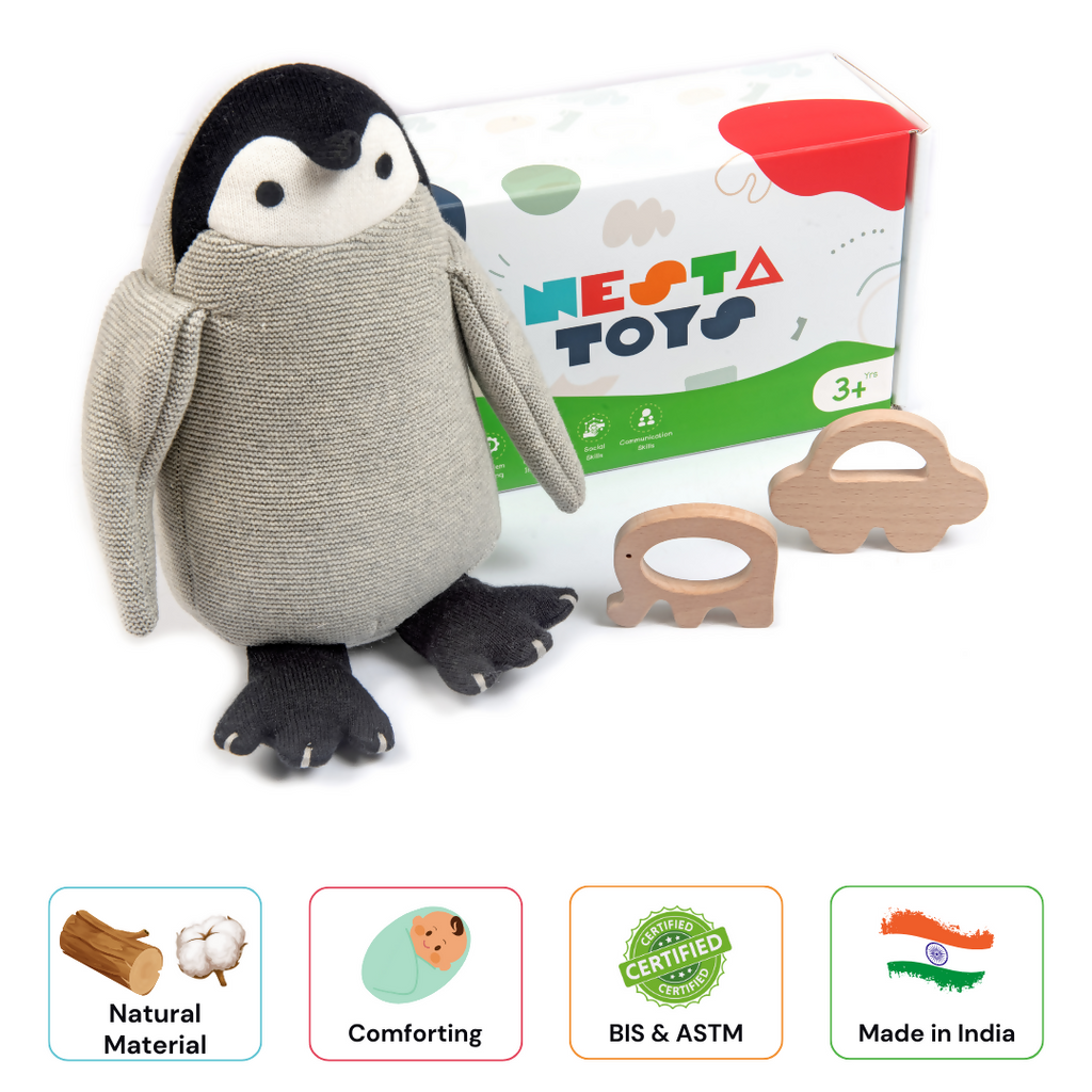 Nesta Toys Newborn Gift Set - Penguin Plush Toy, Wooden Elephant & Car Teether