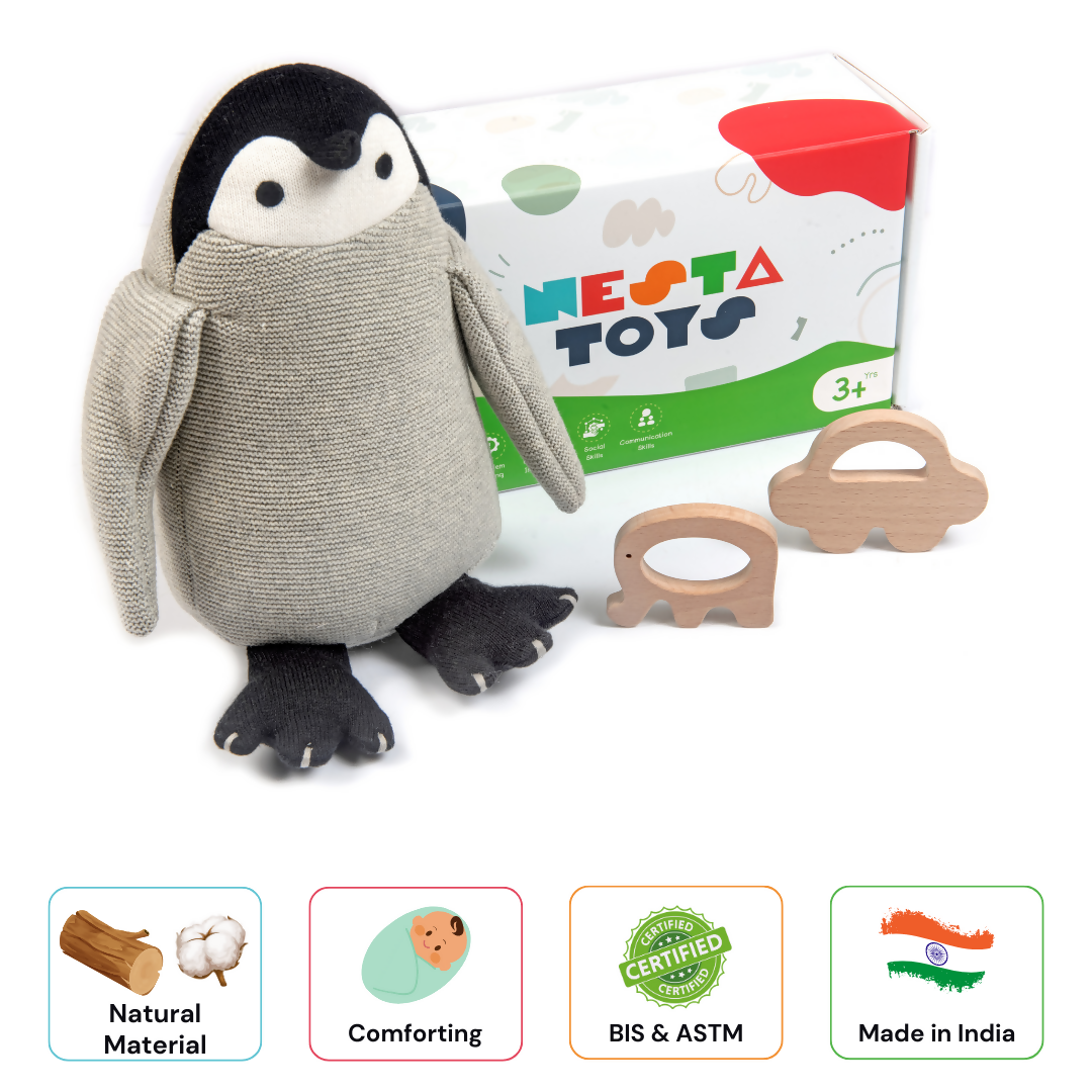 Nesta Toys Newborn Gift Set - Penguin Plush Toy, Wooden Elephant & Car Teether