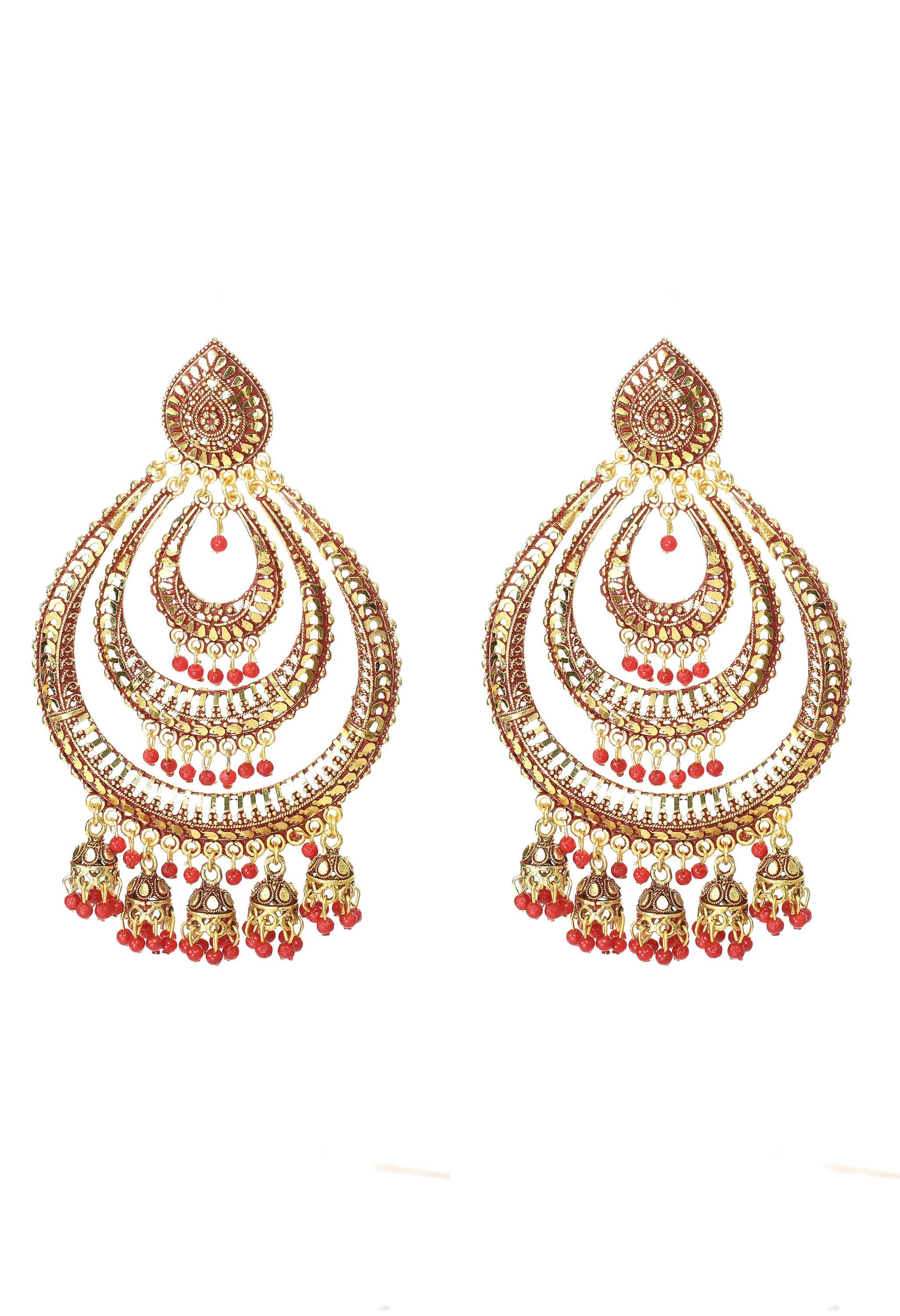 Mominos Fashion Johar Kamal Triple Circle White With Red Big Size Earrings