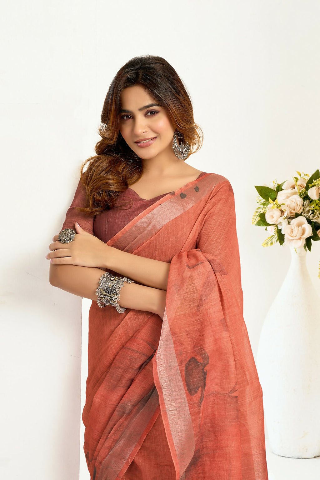 Vastranavya Brown Digital Printed Linen Ready To Wear Designer Saree with Unstitched Blouse