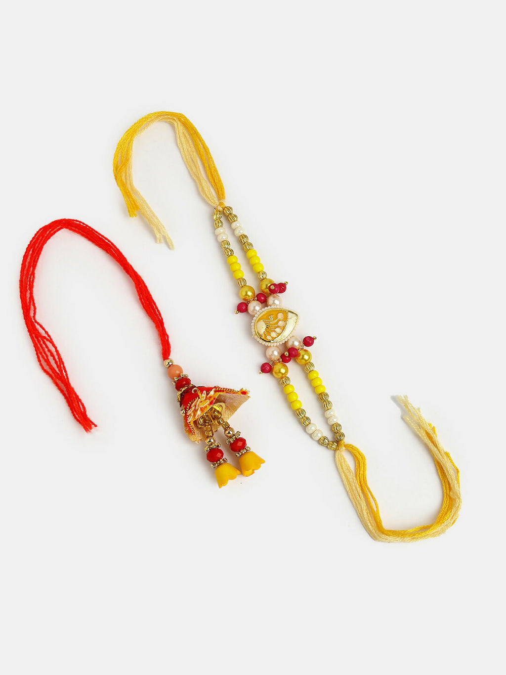 NVR Women & Men Set of 2 Yellow Peacock Design Bhaiya Bhabhi Rakhi With Roli Chawal & Chocolate