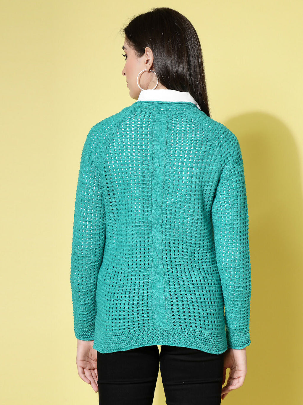 Women Pointelle Green Acrylic Winter Sweater - Wool Trees