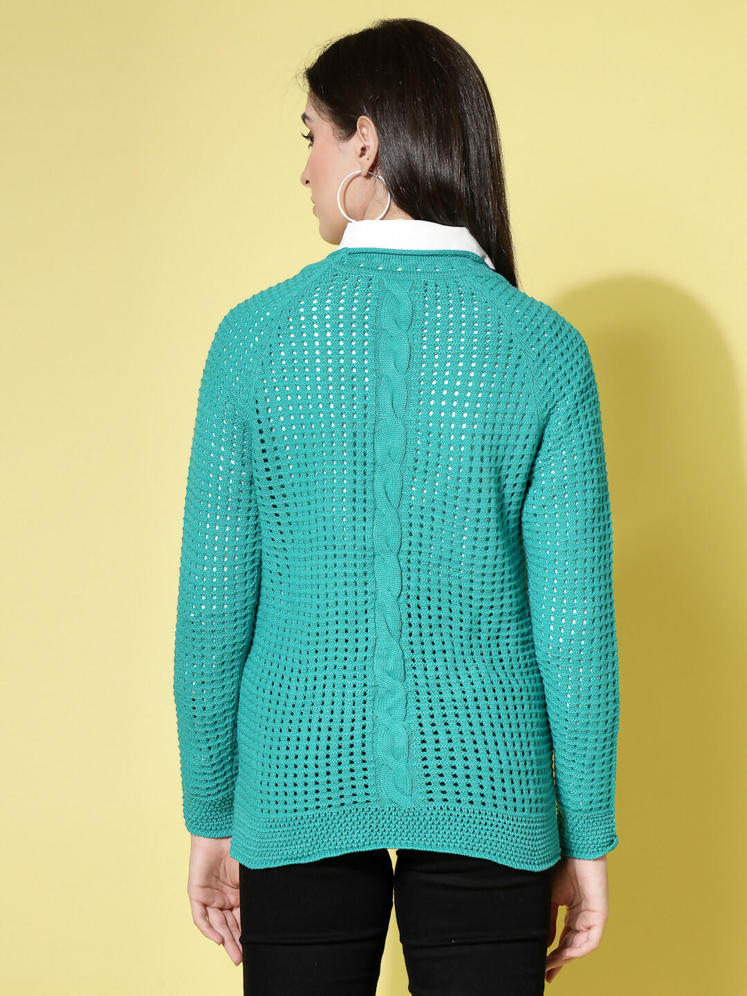 Women Pointelle Green Acrylic Winter Sweater - Wool Trees