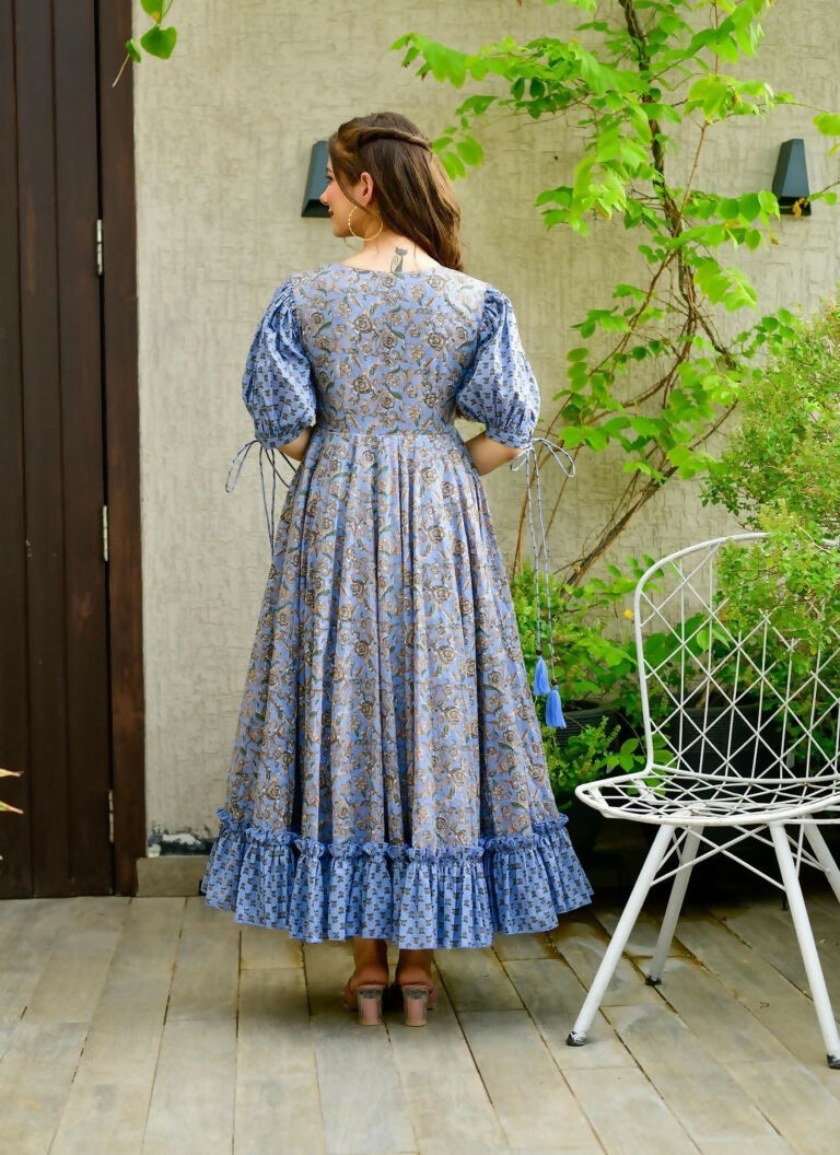 Jyoti Fashion Women's Blue Heavy Digital Printed Cotton Silk Anarkali Dress