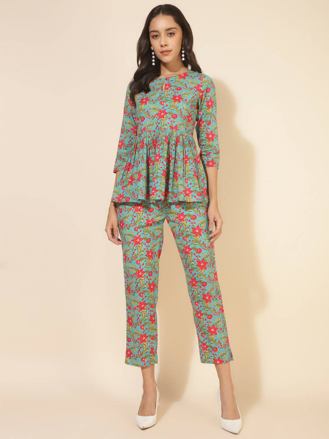 Janasya Women's Blue Cotton Printed Casual Peplum Co-ords