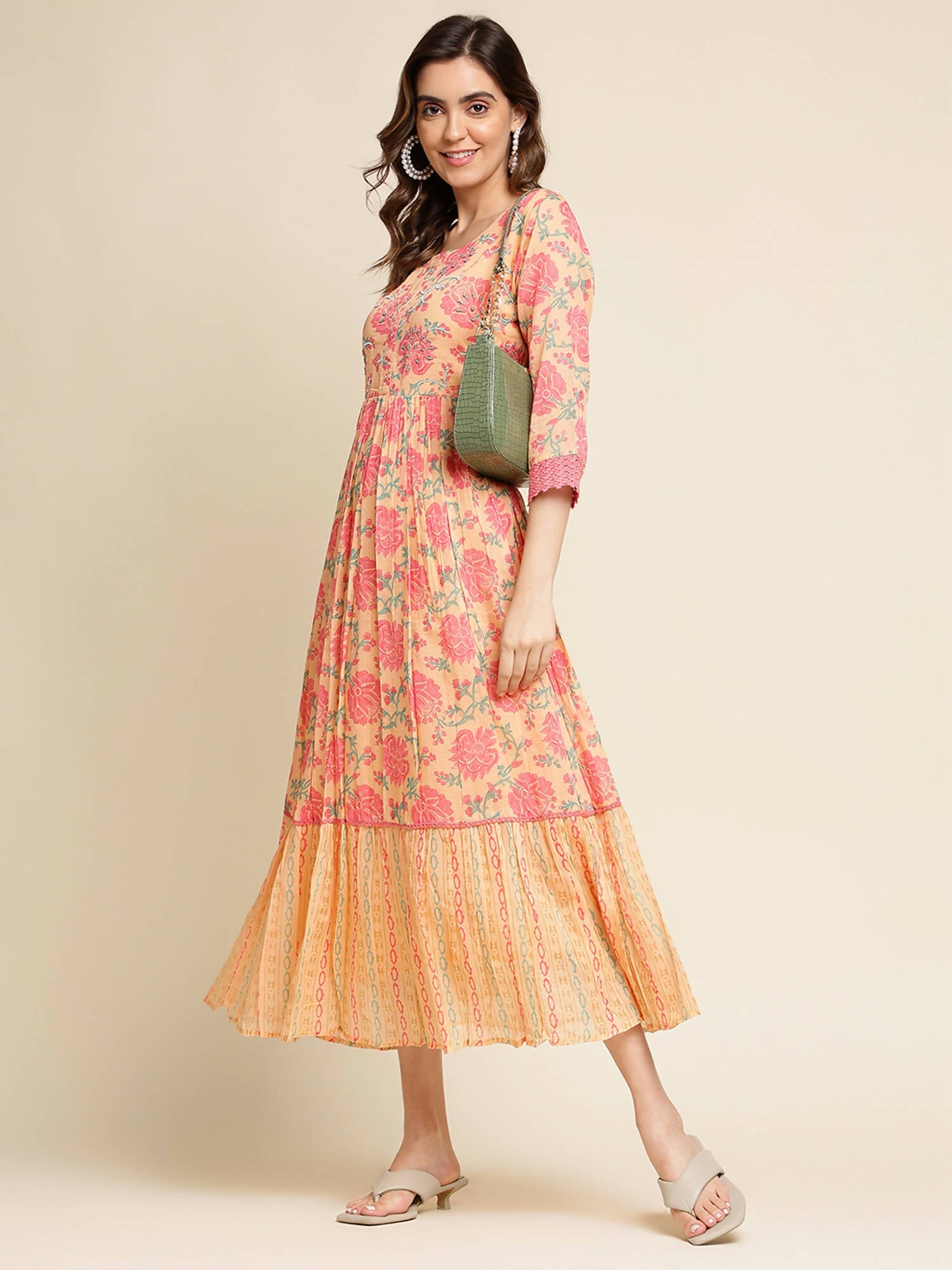 Peach Cotton Floral Printed Fit & Flare Dress - Yukti