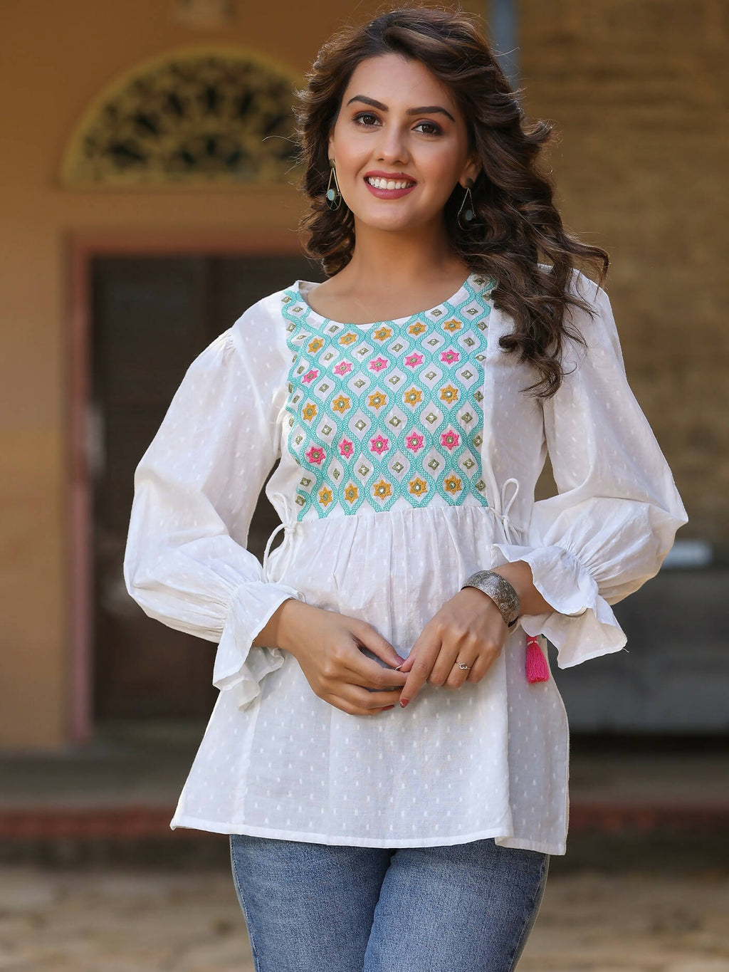 Juniper Women's White Cotton Dobby Solid With Multi Color Embroidered Tunic