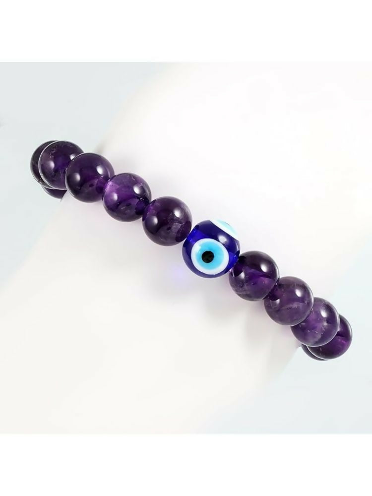 NVR Natural Amethyst Evil Eye Beaded Handmade Stretch Bracelet