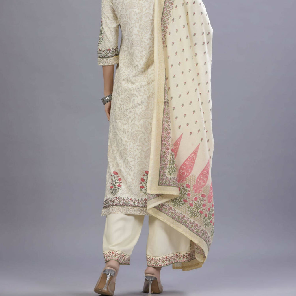 Juniper Women Yellow Rayon Printed Kurta, Pants and Dupatta Set