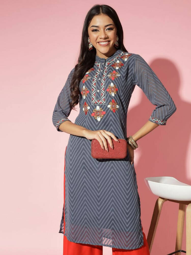 Myshka Women Grey Solid Georgette Straight V-Neck Kurtas