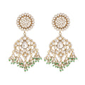 Nuyug 22K Gold Plated Traditional Kundan Studded Contemporary Dangler Earrings with Pearl and Green Bead Accents