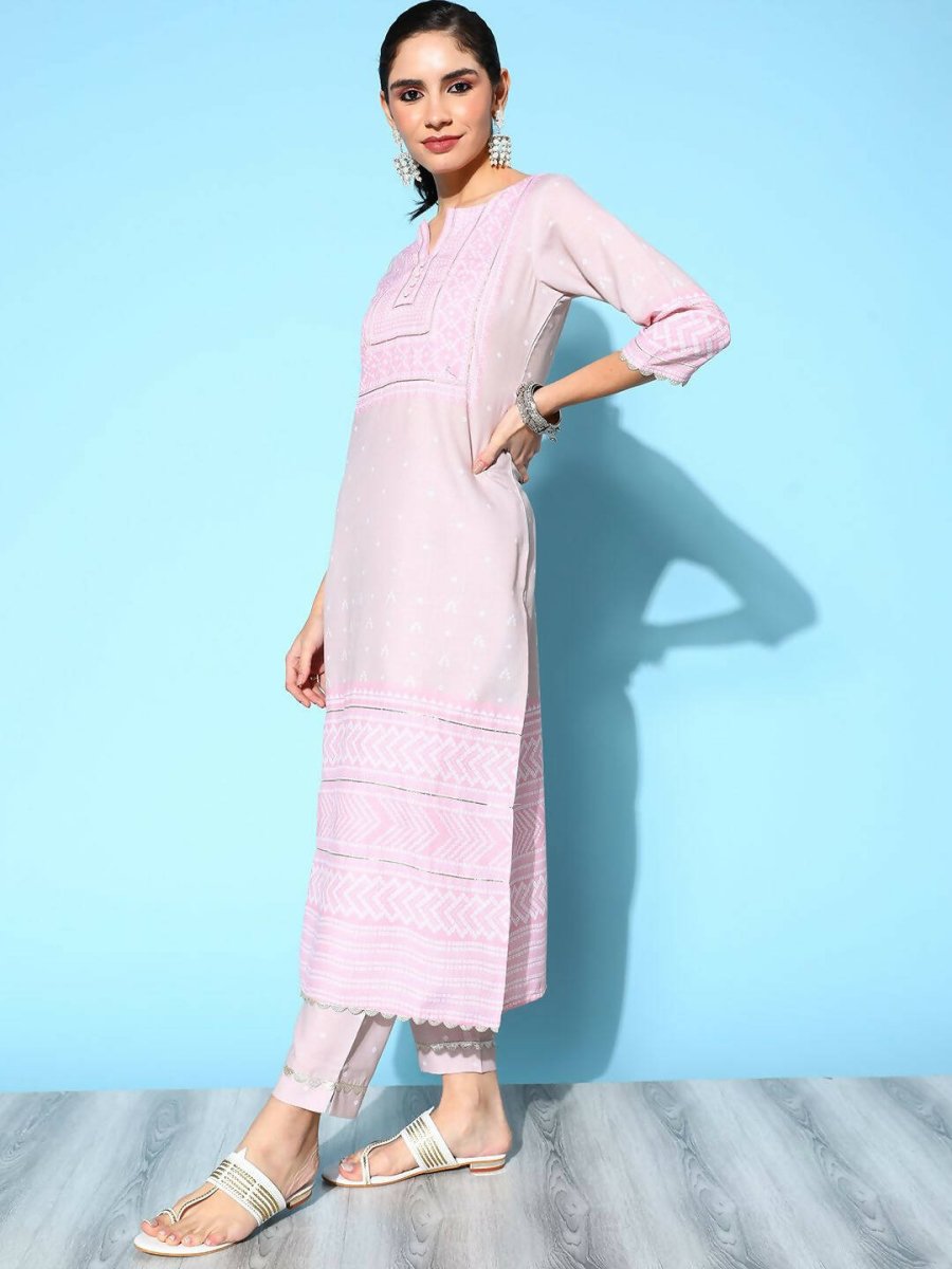 Ahalyaa Women's Beige Cotton Blend Printed Kurta Pant Set