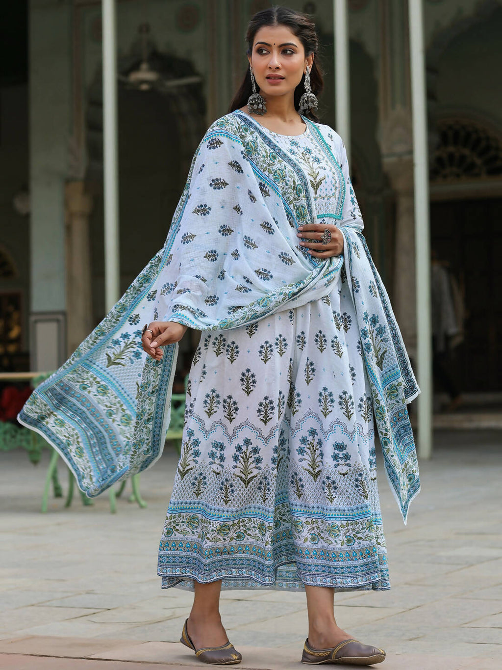 Juniper Women's Skyblue Cambric Floral Placement Kurta Dupatta Sets