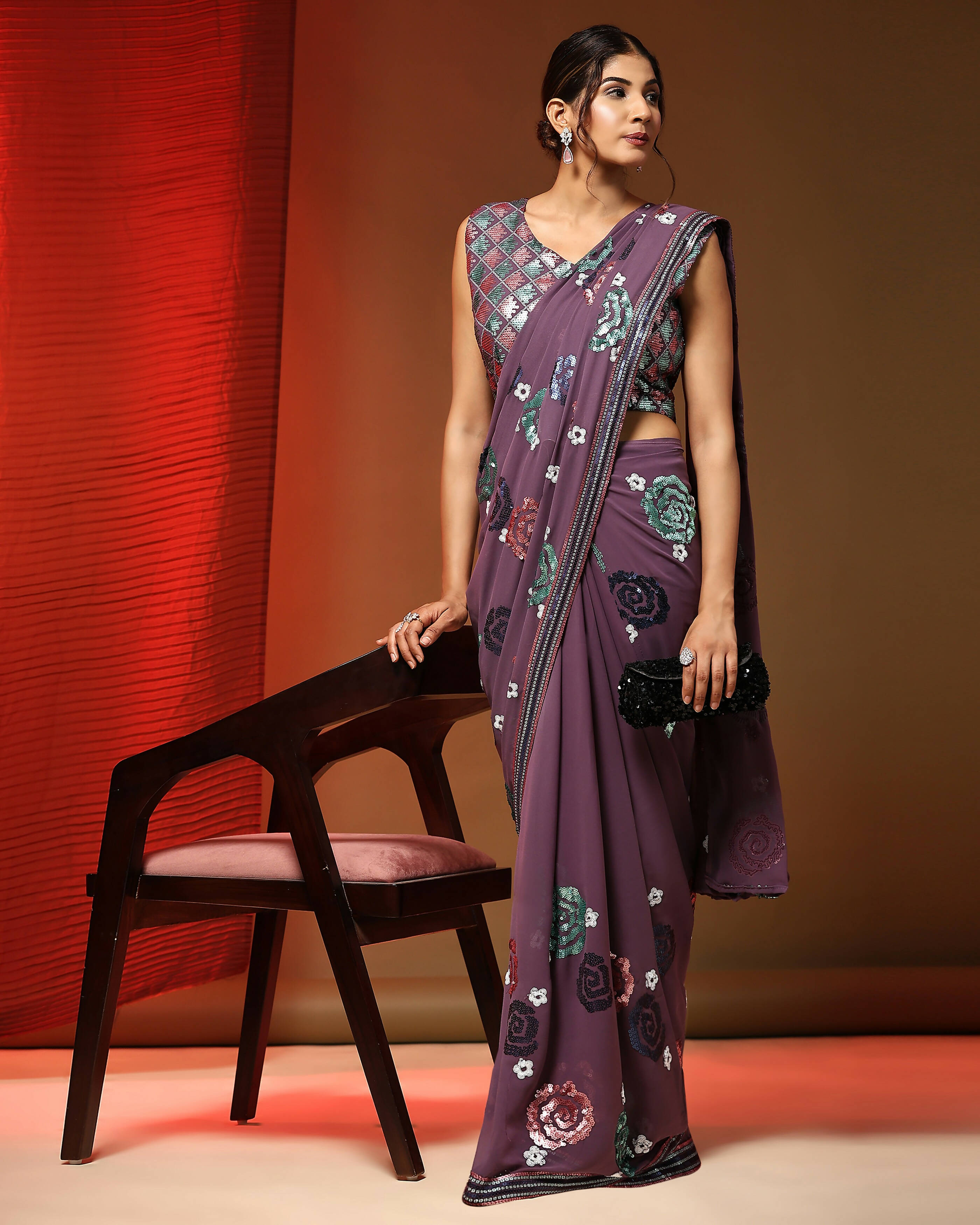 Purple Pure Georgette Sequence work Ready to wear Saree with stitched Blouse - Nirvana