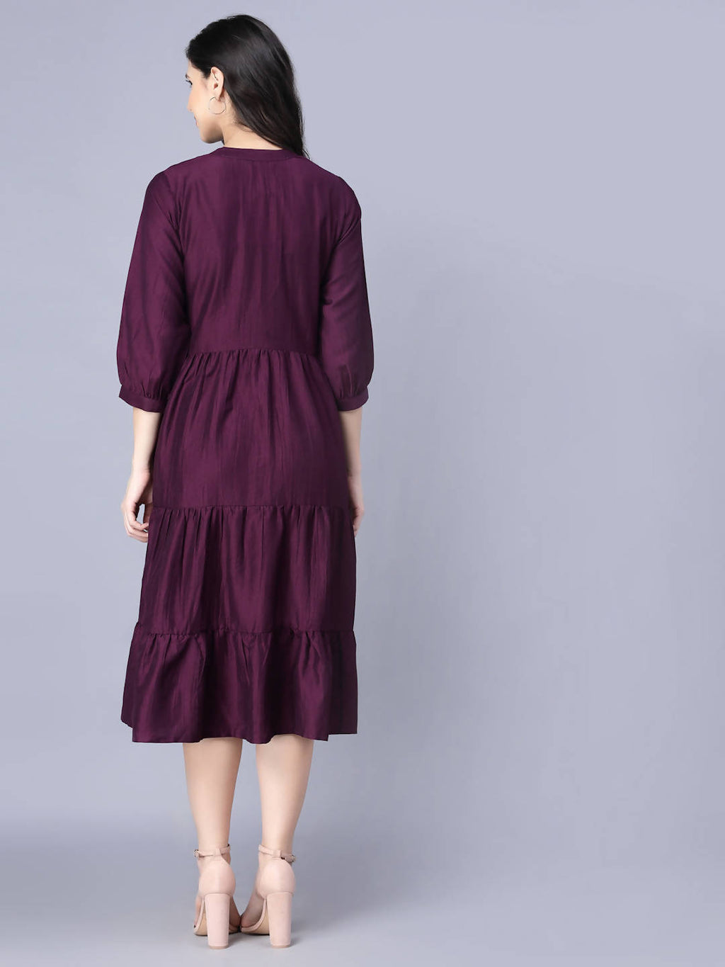 Myshka Silk Solid 3/4 Sleeve V Neck Purple Women Dress