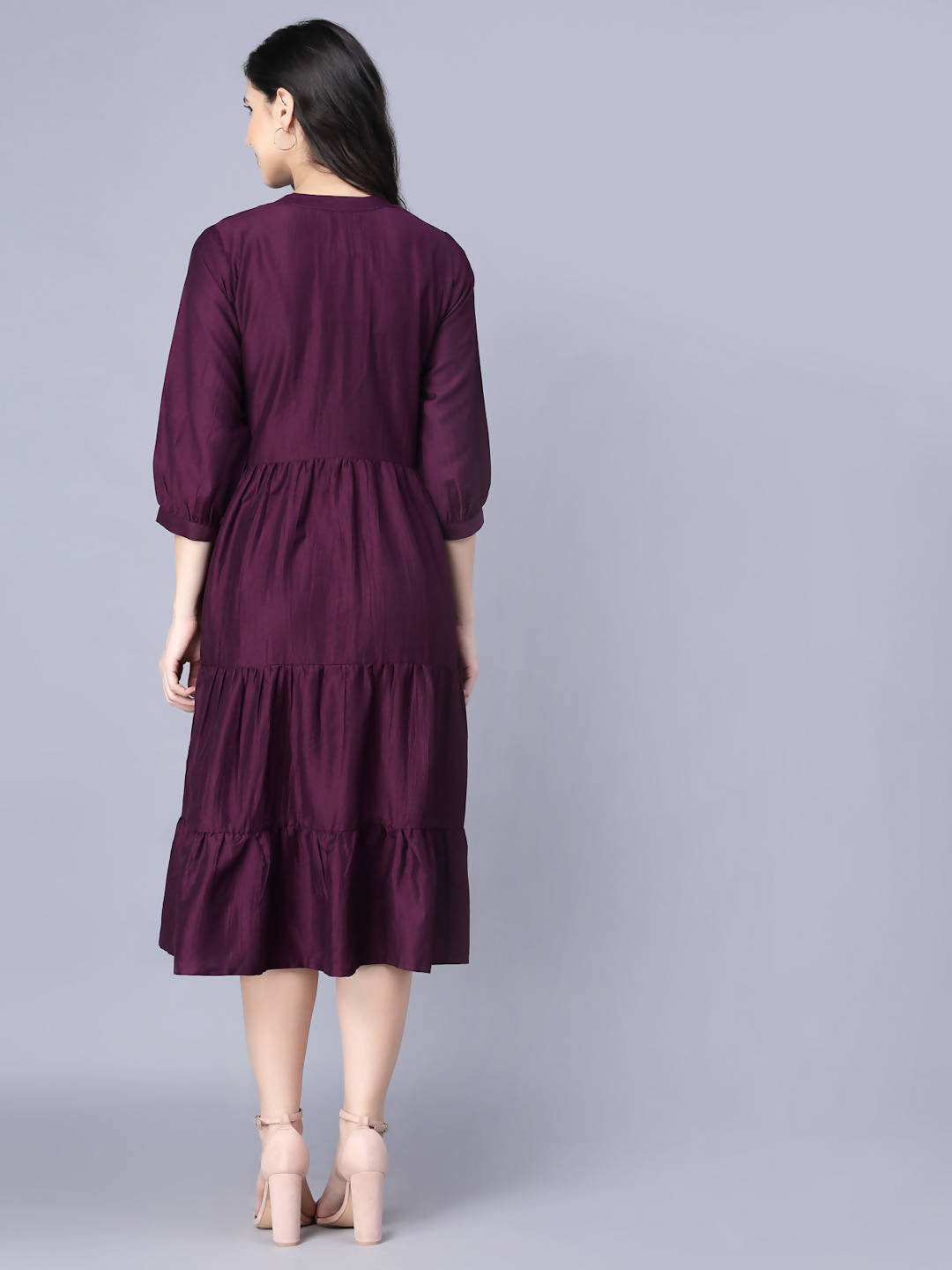 Myshka Silk Solid 3/4 Sleeve V Neck Purple Women Dress