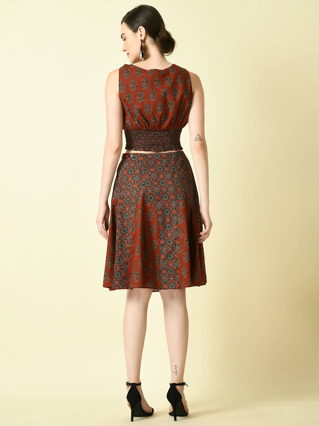 Myshka Women's Rust Pure Cotton Printed Flared Skirt