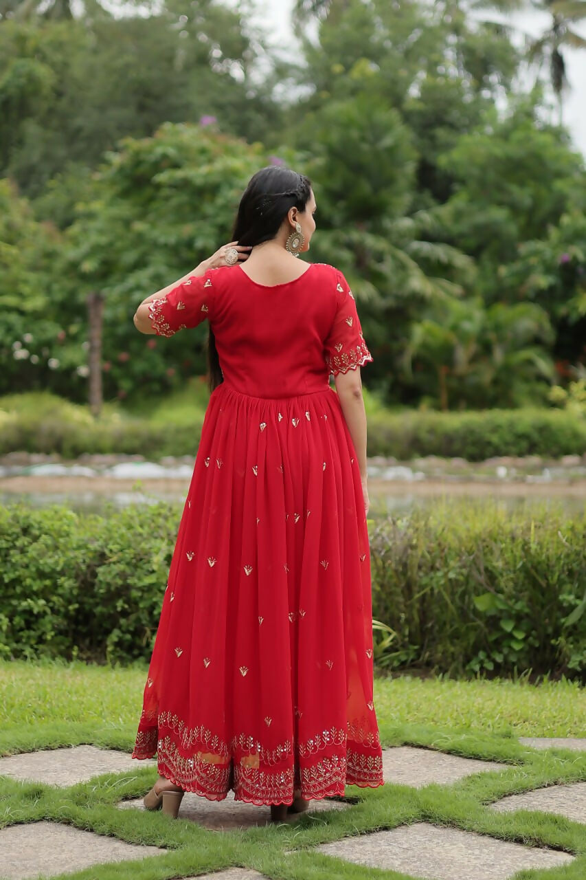Vastranavya Premium Designer Faux Blooming with Embroidery Zari Sequins work Gown - Red