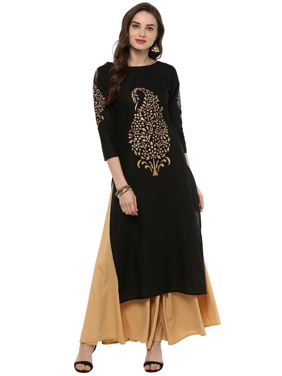 Ahalyaa Black Chanderi Gold Print Kurta