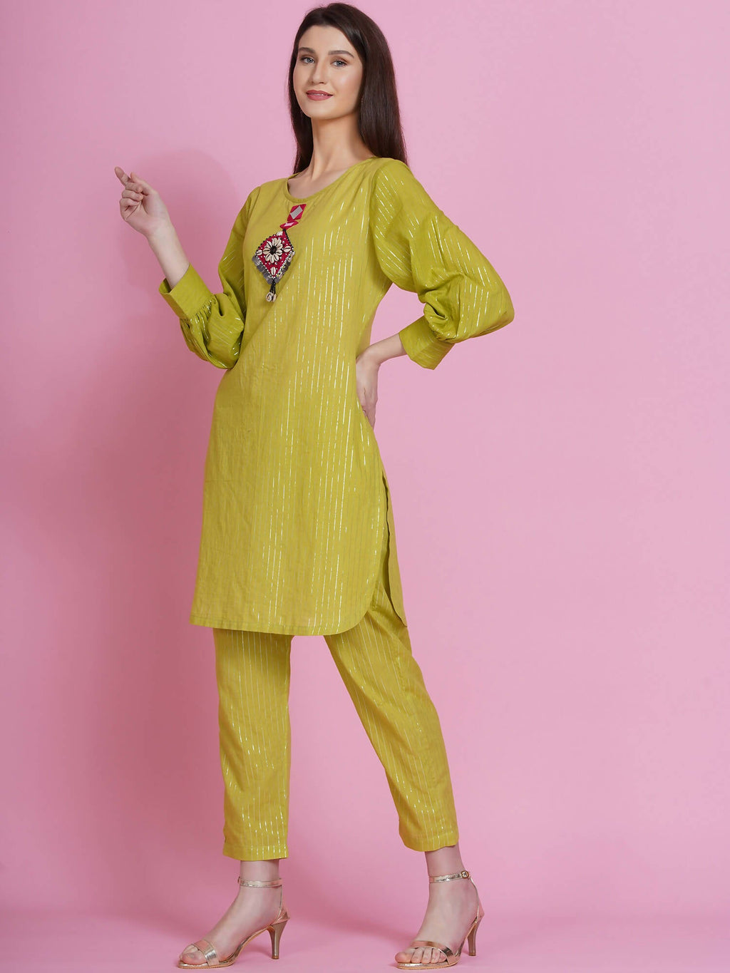 Women Republic Green Lurex Cotton Hand Embroidered Kurta With Pants
