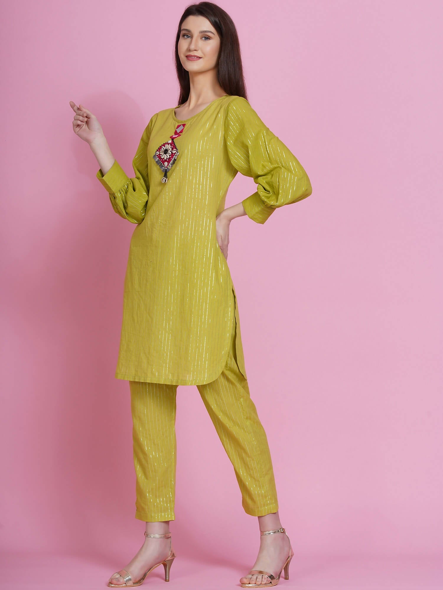 Women Republic Green Lurex Cotton Hand Embroidered Kurta With Pants