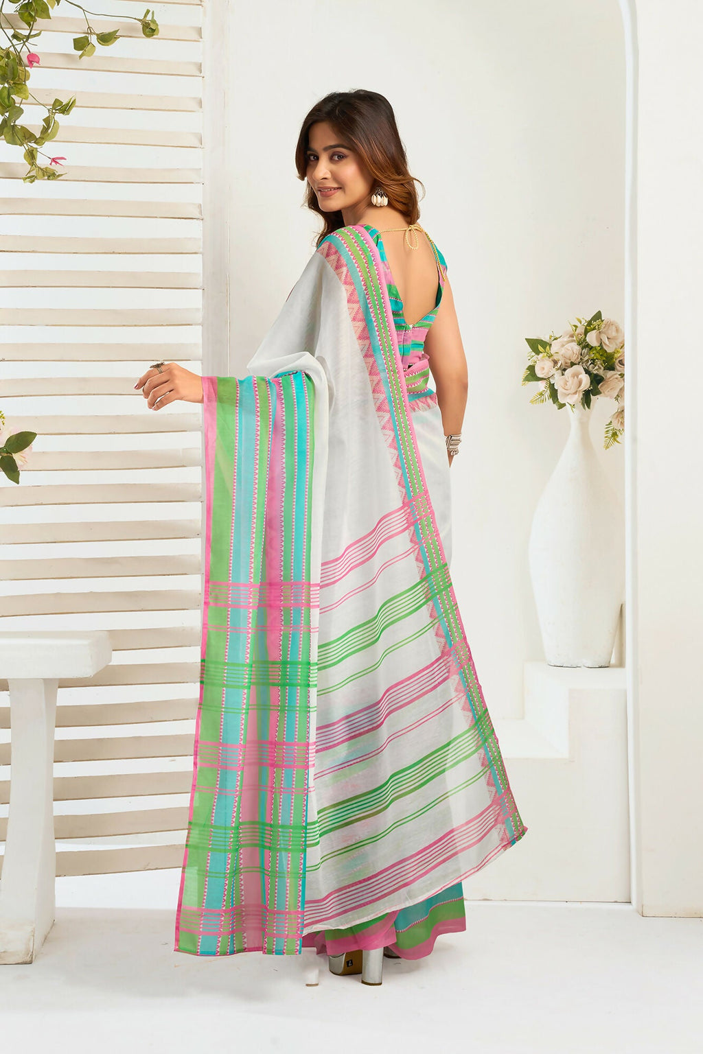 Vastranavya Multicolor Digital Printed Linen Ready To Wear Designer Saree with Unstitched Blouse