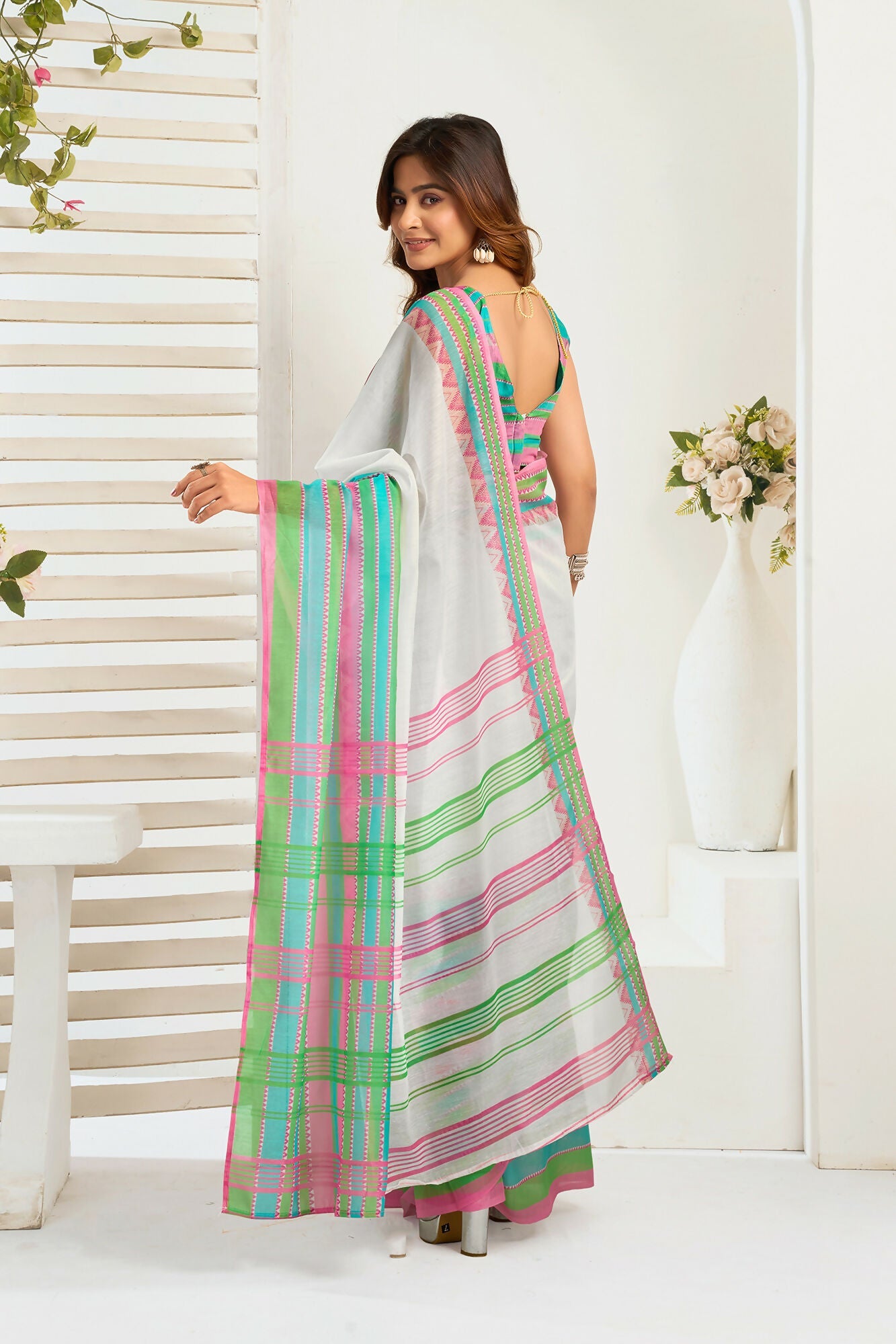Vastranavya Multicolor Digital Printed Linen Ready To Wear Designer Saree with Unstitched Blouse
