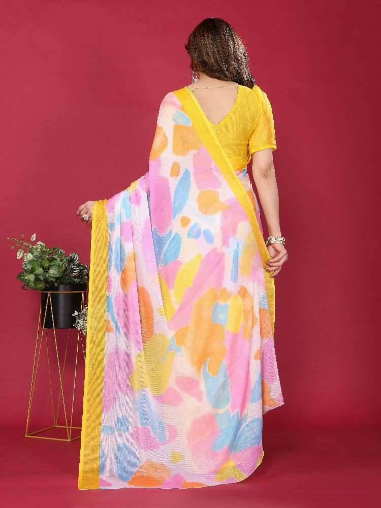 PR Fashion Yellow Moss Chiffon Printed Saree