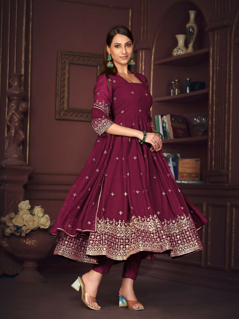 Jyoti Fashion Women's Rani Pink Georgette Embroidered Anarkali Kurta Pant Set With Dupatta