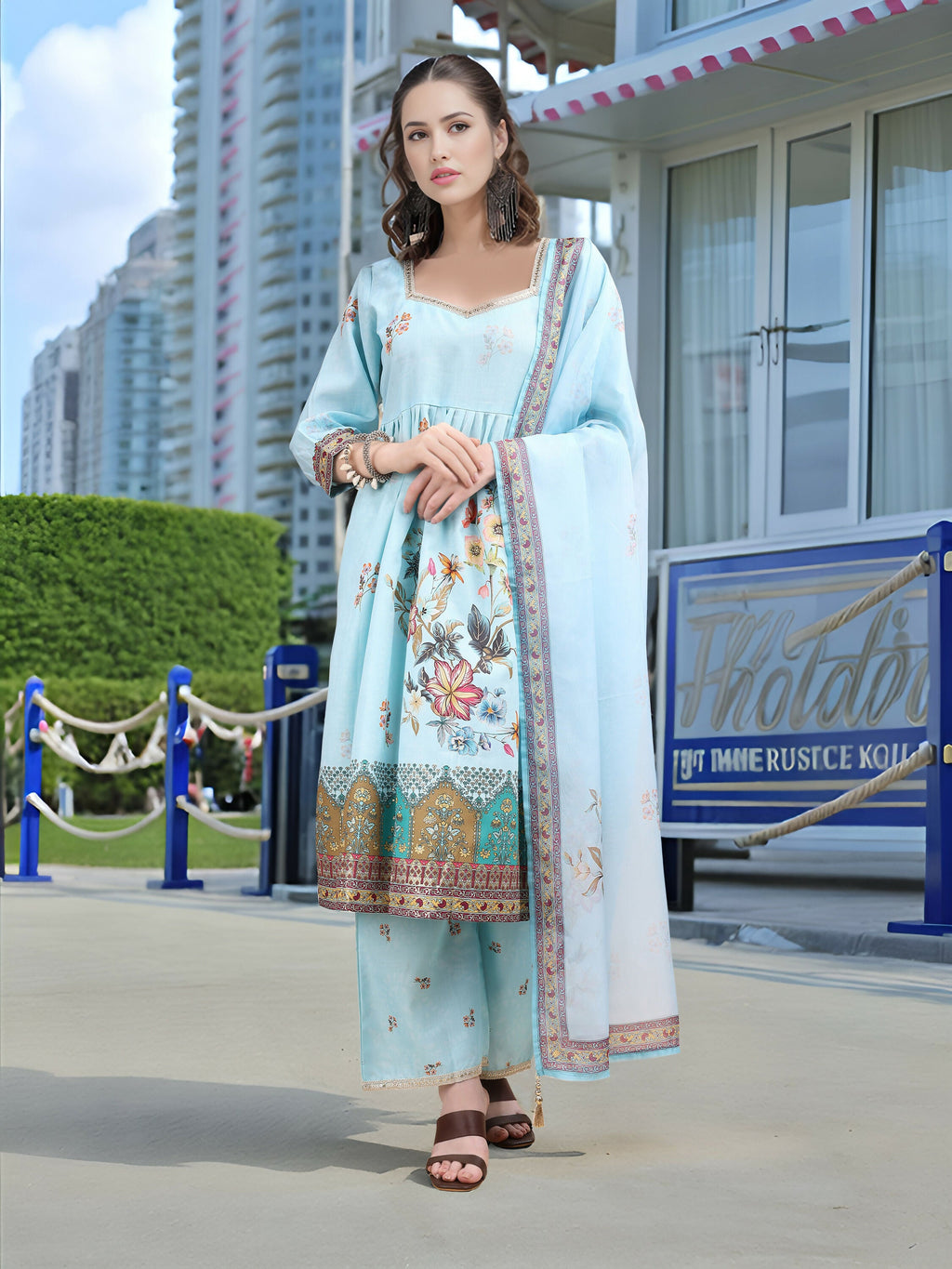 Joban Fashion Sky Blue Positive Digital Print With Position Foil Kurta Set