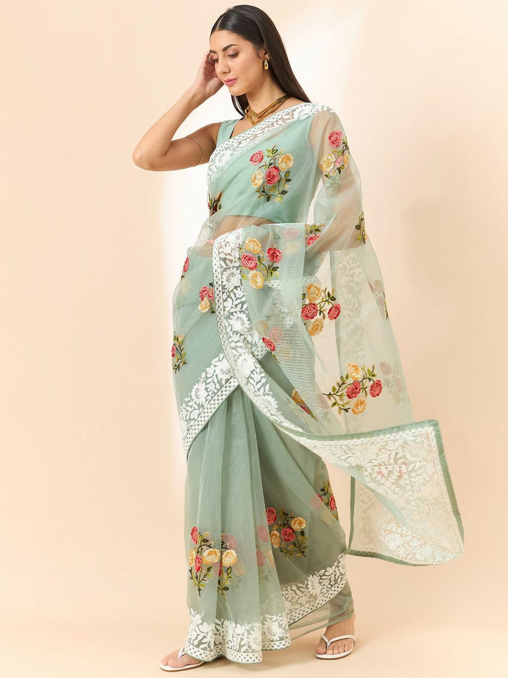 Green Organza Floral Embroidered Saree with Unstitched Blouse Piece - Roozal