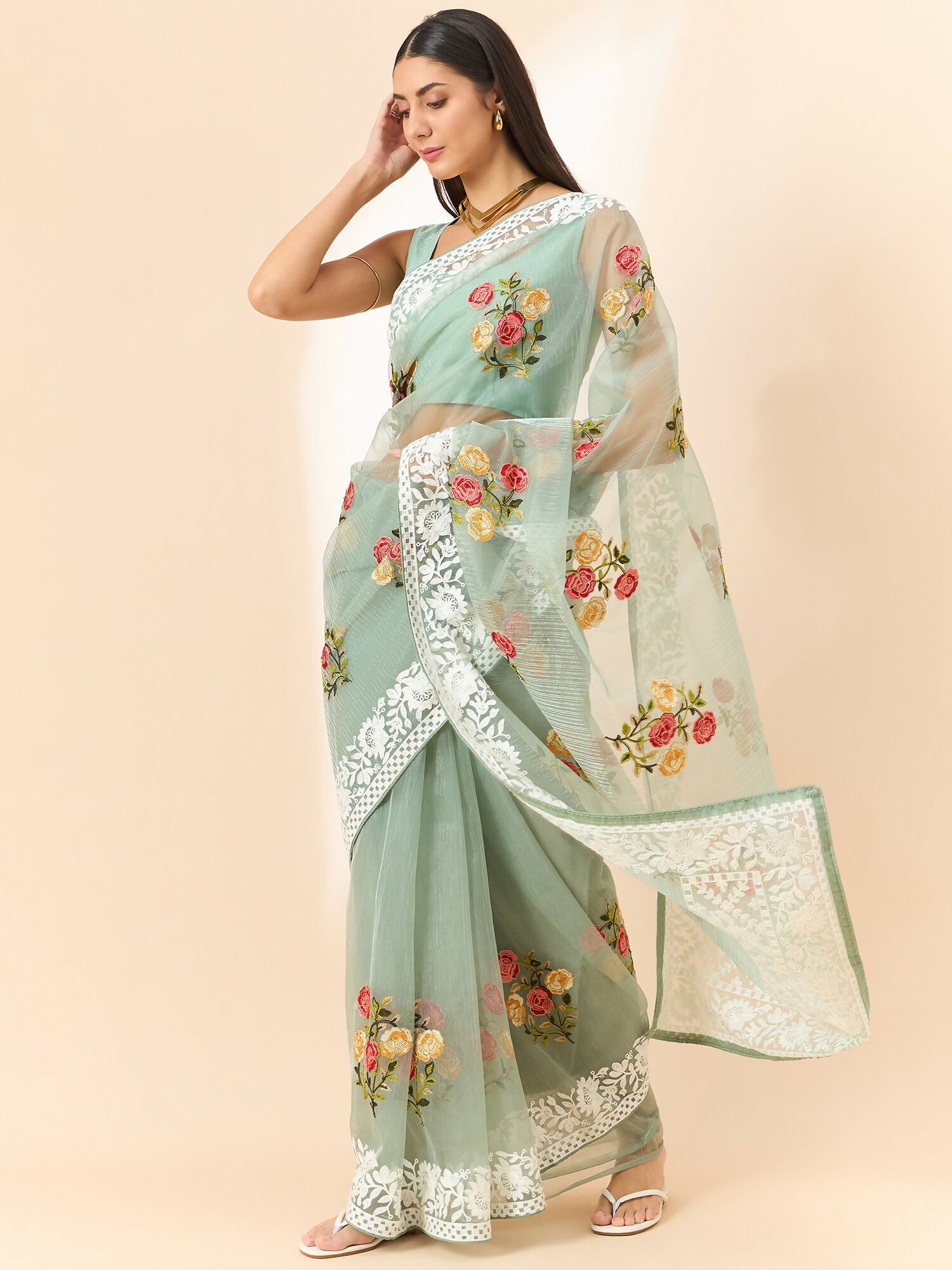 Green Organza Floral Embroidered Saree with Unstitched Blouse Piece - Roozal